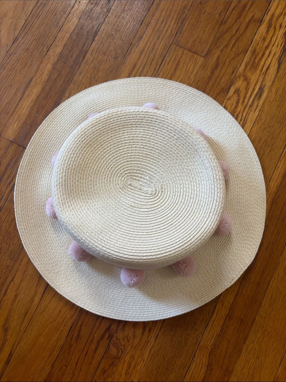 BCBG MAXAZARIA Paper Straw Boater Hat Pink Pom Poms OS